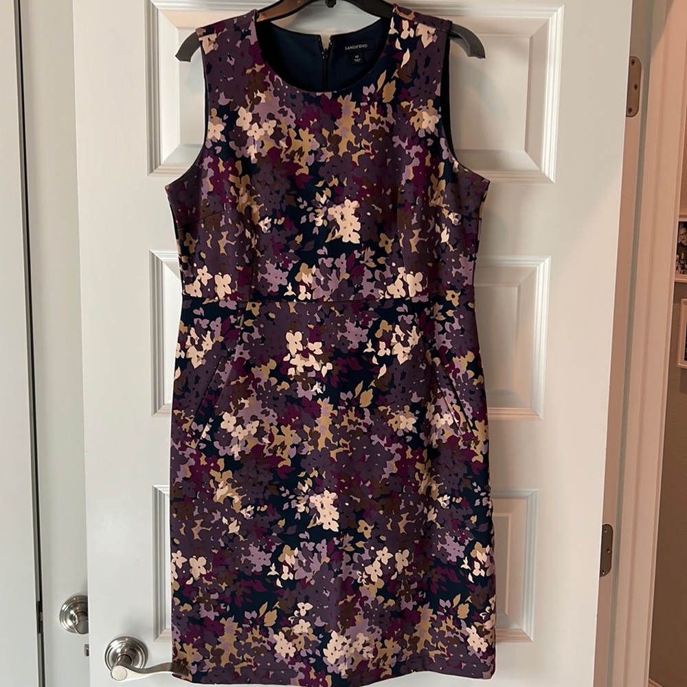 Lands’ End dress navy/purple with floral print. Great for fall/winter w/cardigan